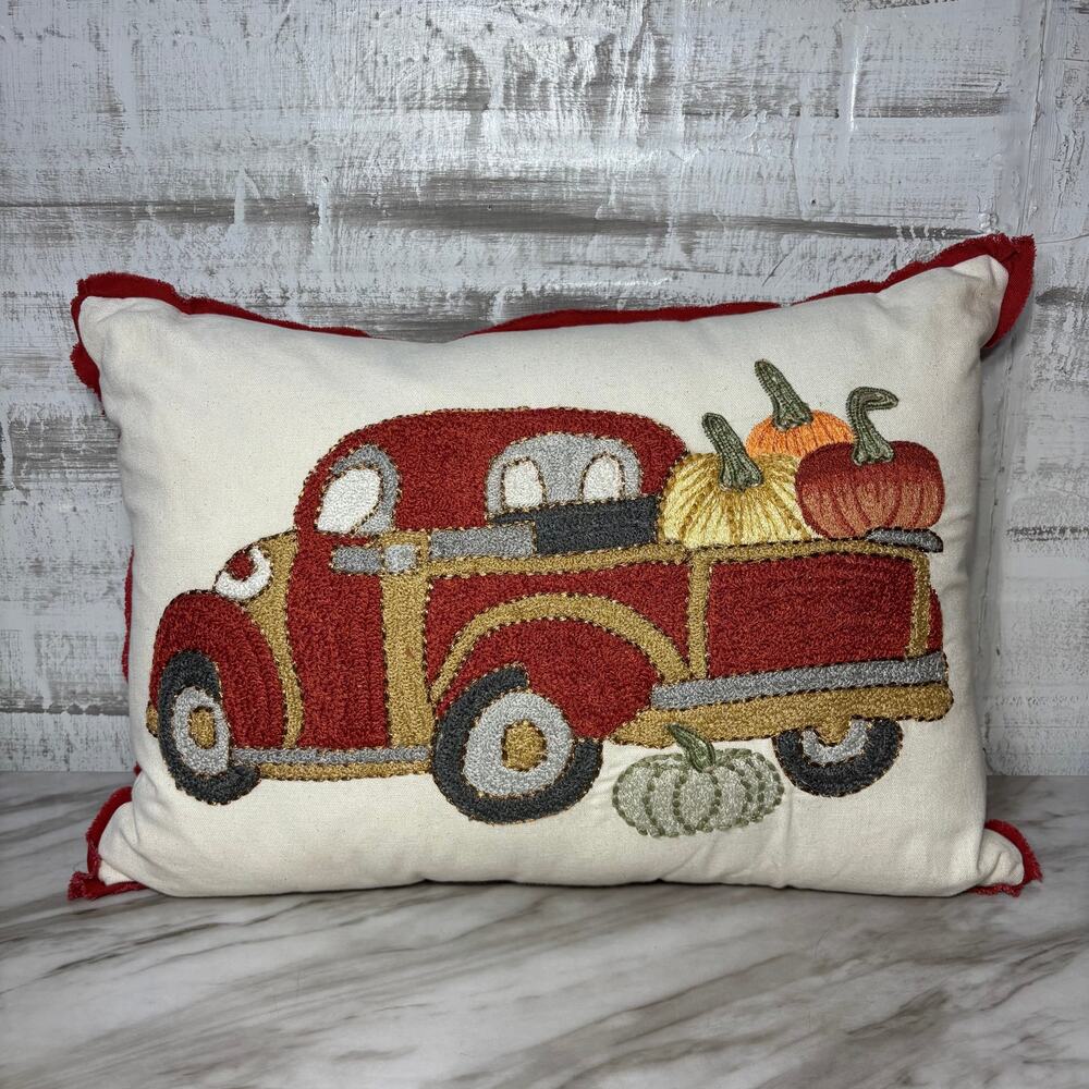 Rachel Ashwell Prairie Fall Truck Pumpkin Embroidered Throw Pillow